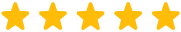 Five gold stars arranged horizontally representing a perfect five-star rating or review.