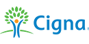 Cigna logo featuring stylized tree figure with blue text on white background